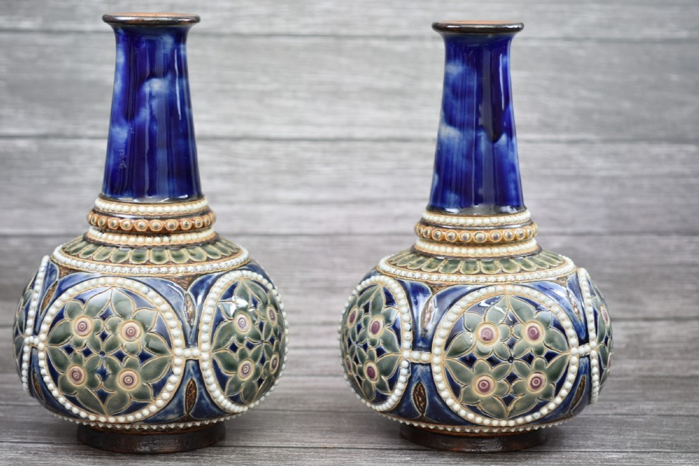 Stunning Pair of Doulton Lambeth Bottle Shaped Vases c1880s View II