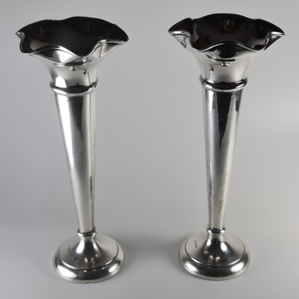 Large Pair Walker & Hall HM Silver Trumpet Vases c1918