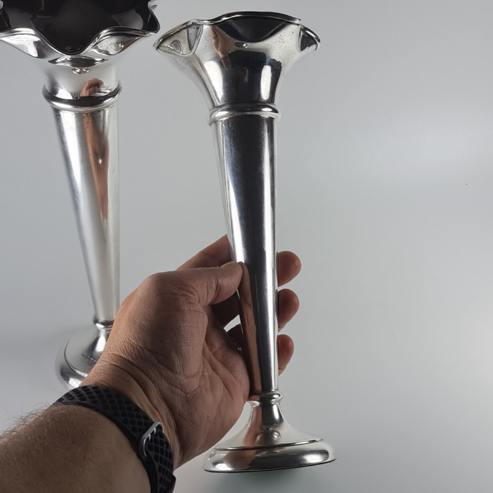 Large Pair Walker & Hall HM Silver Trumpet Vases c1918 View II