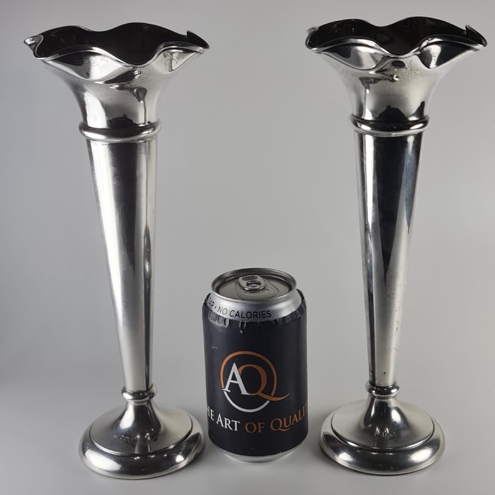 Large Pair Walker & Hall HM Silver Trumpet Vases c1918 View III