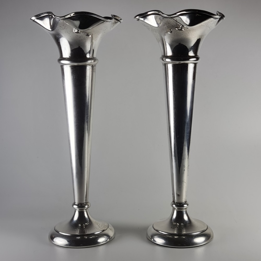 Large Pair Walker & Hall HM Silver Trumpet Vases c1918 View VI