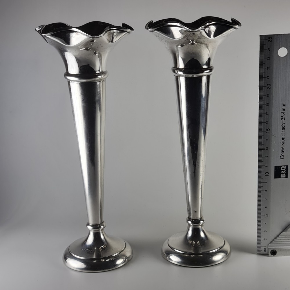 Large Pair Walker & Hall HM Silver Trumpet Vases c1918 View VII