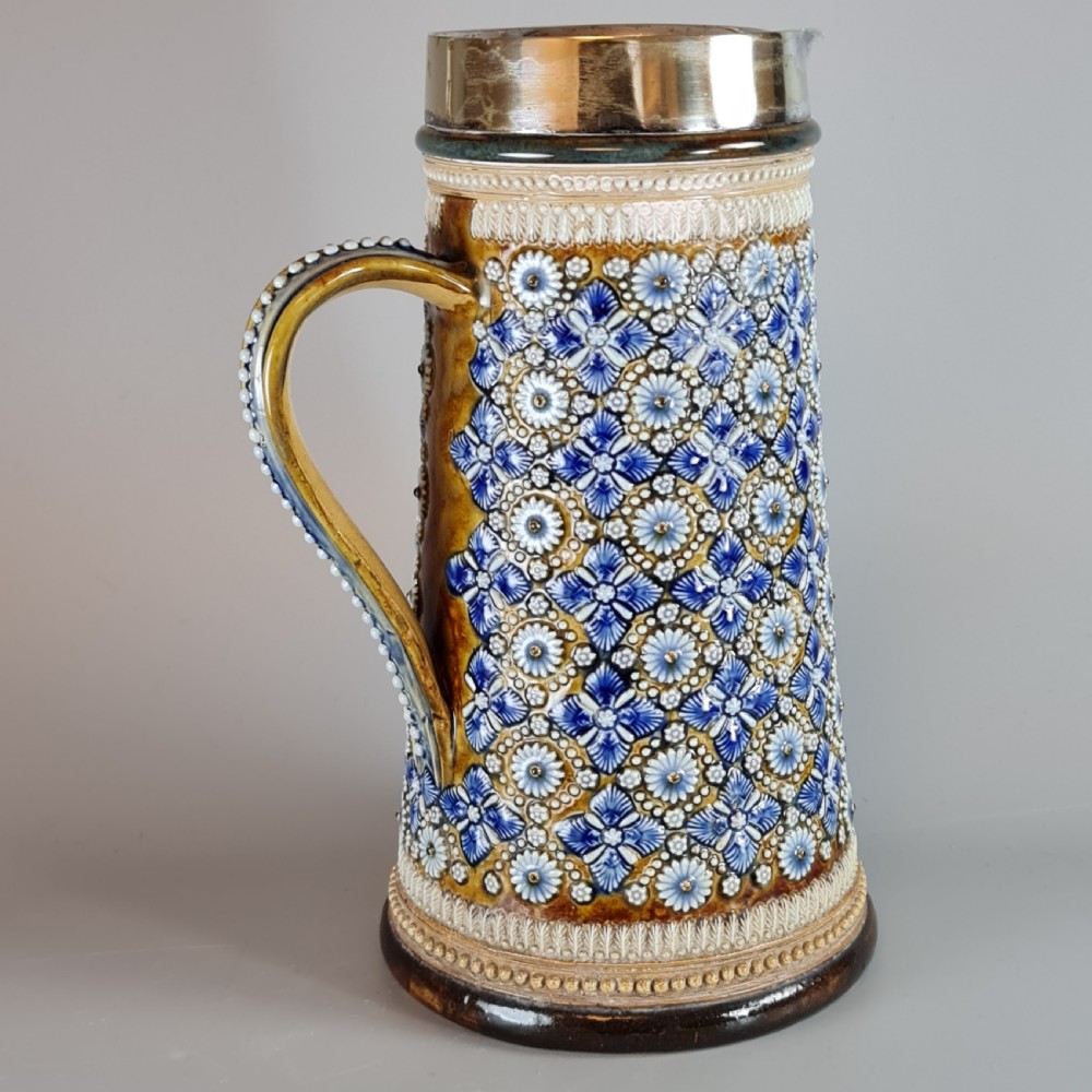 Fine Large Doulton Lambeth Ale Jug with SP Rim by Elizabeth Atkins 1878