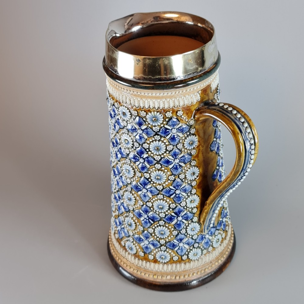 Fine Large Doulton Lambeth Ale Jug with SP Rim by Elizabeth Atkins 1878 View II