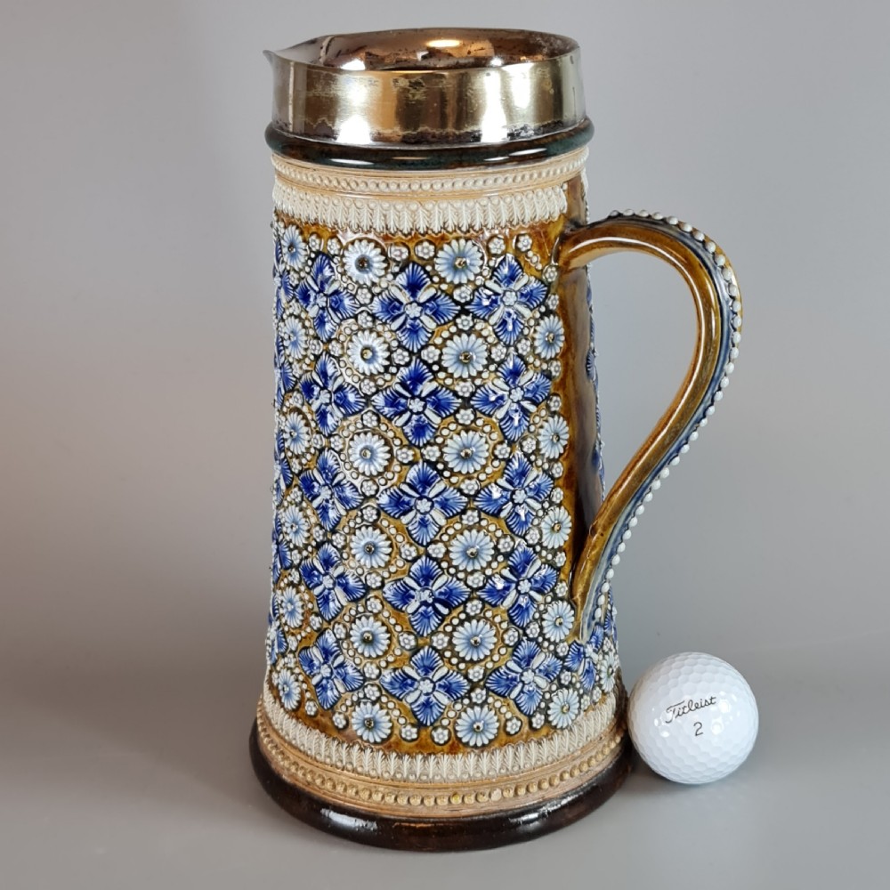 Fine Large Doulton Lambeth Ale Jug with SP Rim by Elizabeth Atkins 1878 View V