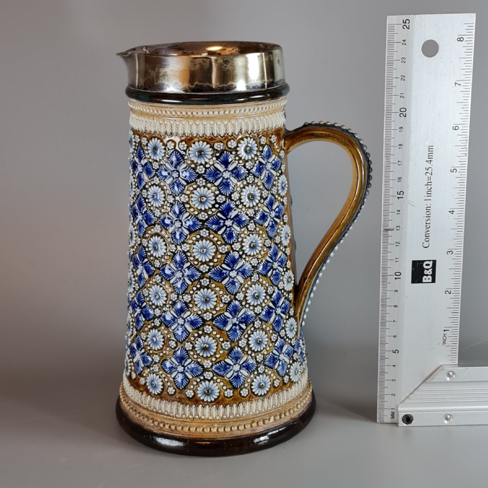 Fine Large Doulton Lambeth Ale Jug with SP Rim by Elizabeth Atkins 1878 View VI