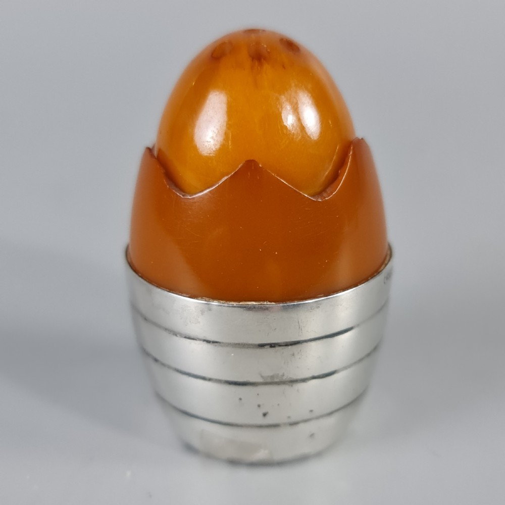 Wonderful Rare 1920s Silver & Amber Bakelite Art Deco Egg Shaped Pepperette  View IV