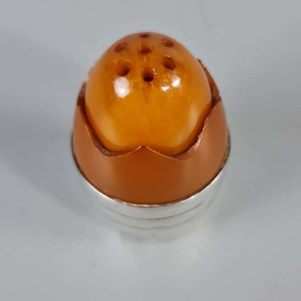 Wonderful Rare 1920s Silver & Amber Bakelite Art Deco Egg Shaped Pepperette  View V