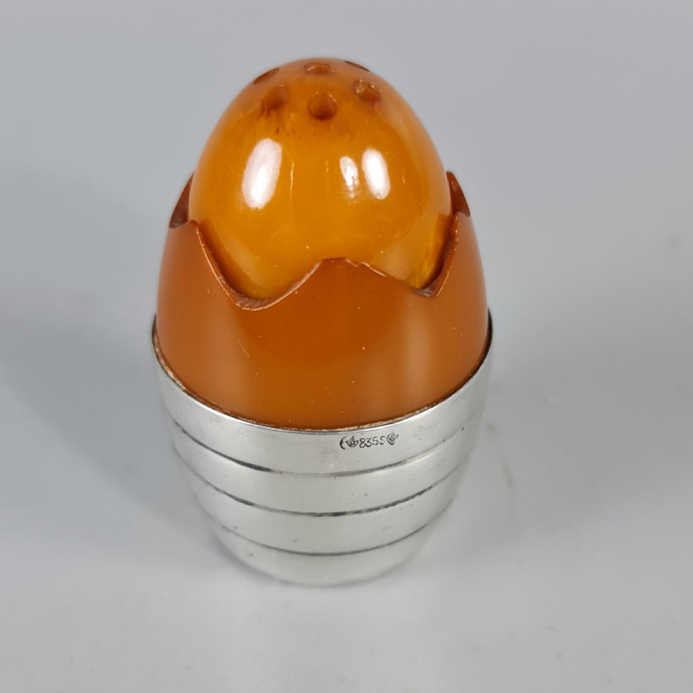 Wonderful Rare 1920s Silver & Amber Bakelite Art Deco Egg Shaped Pepperette  View X