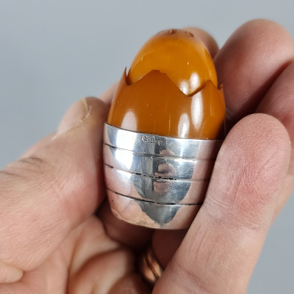 Wonderful Rare 1920s Silver & Amber Bakelite Art Deco Egg Shaped Pepperette  View XI