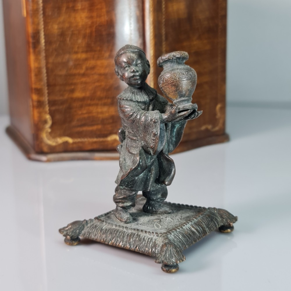 Delightful Bronze Oriental Boy Holding a Vase c1900