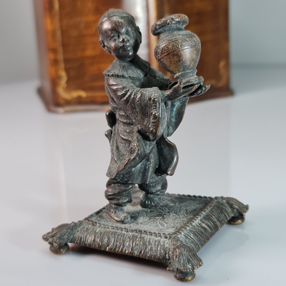 Delightful Bronze Oriental Boy Holding a Vase c1900 View II
