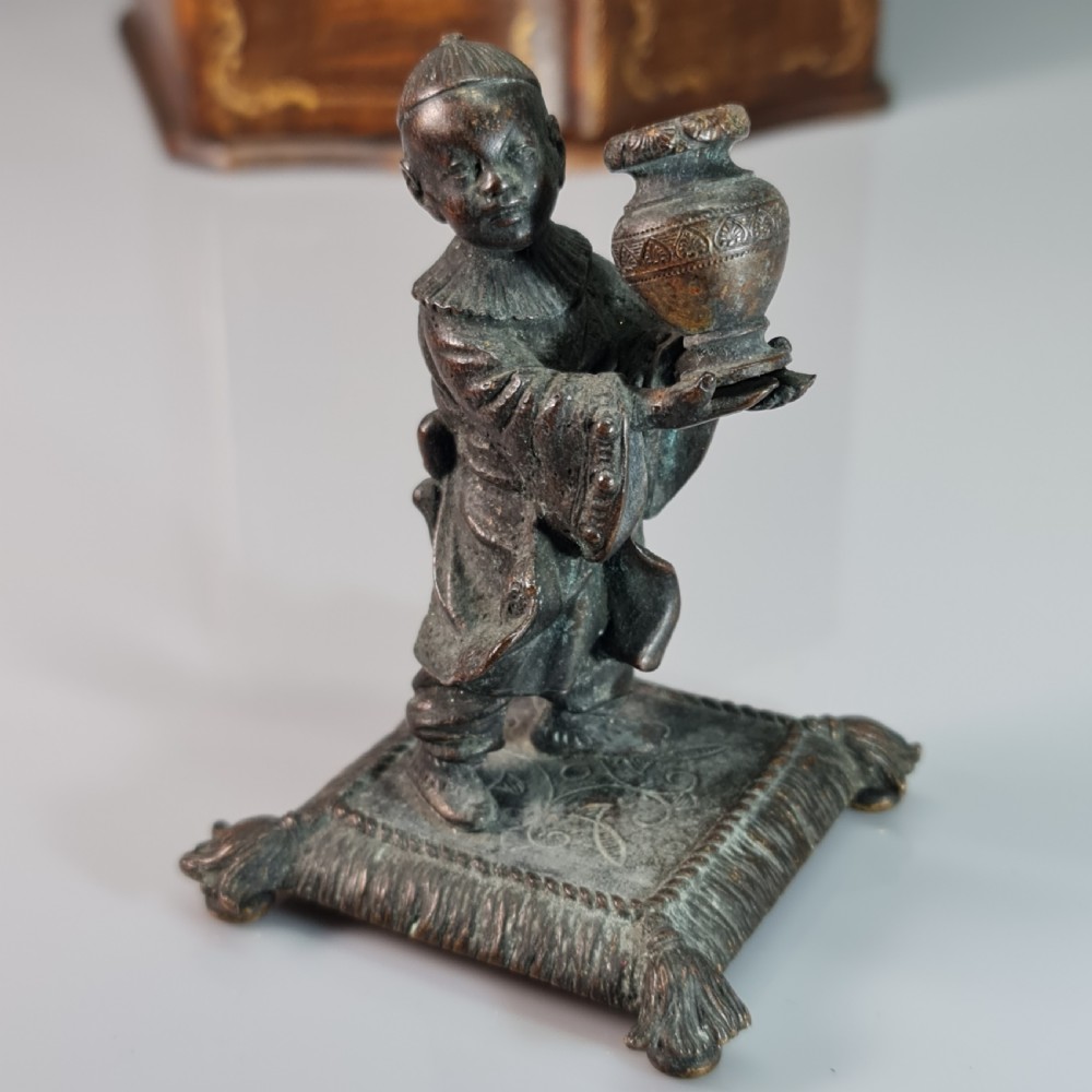 Delightful Bronze Oriental Boy Holding a Vase c1900 View III