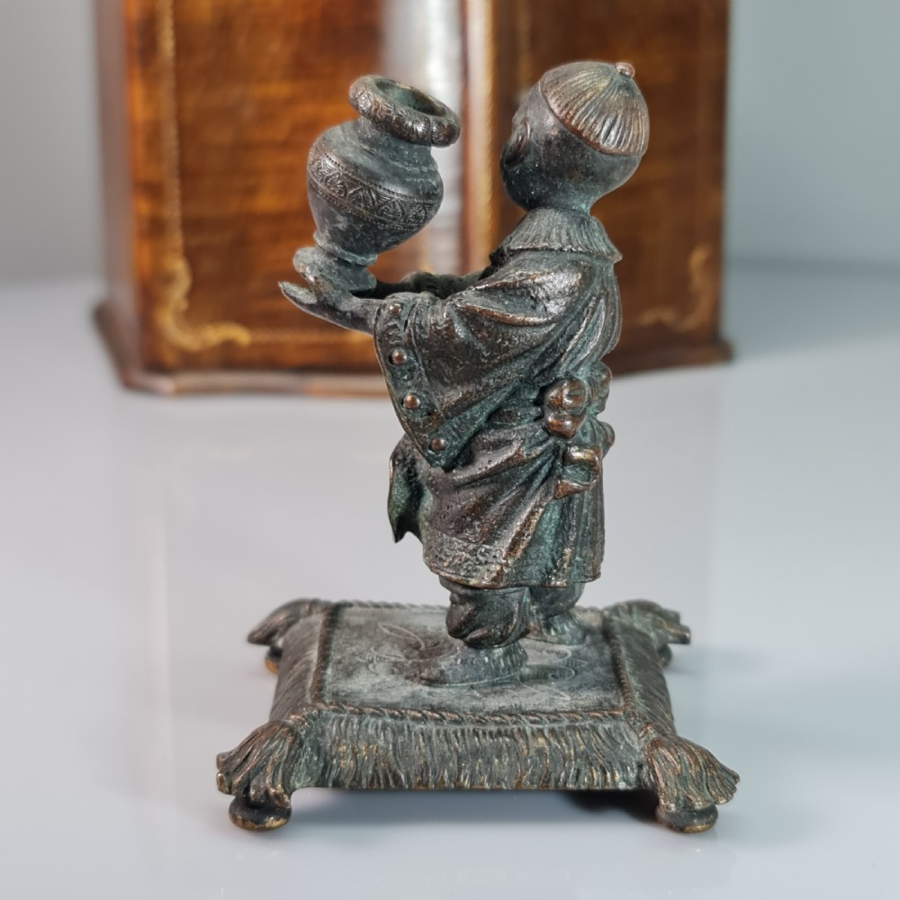 Delightful Bronze Oriental Boy Holding a Vase c1900 View VIII