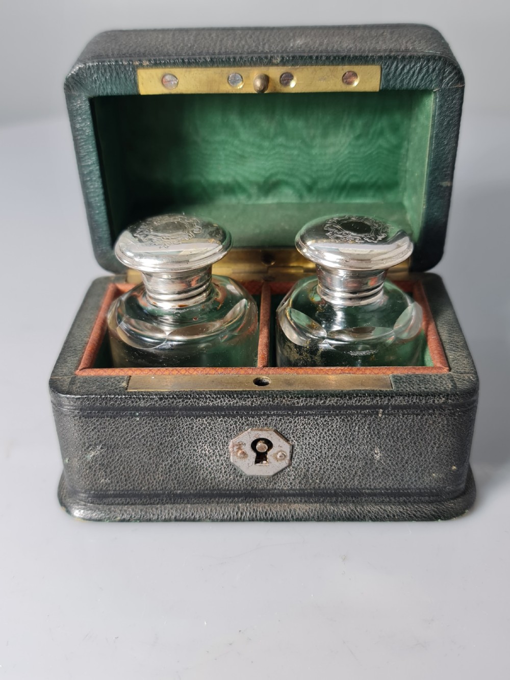 Victorian Cut Glass & Silver Plate Pr Leather Cased Scents c1880 View II