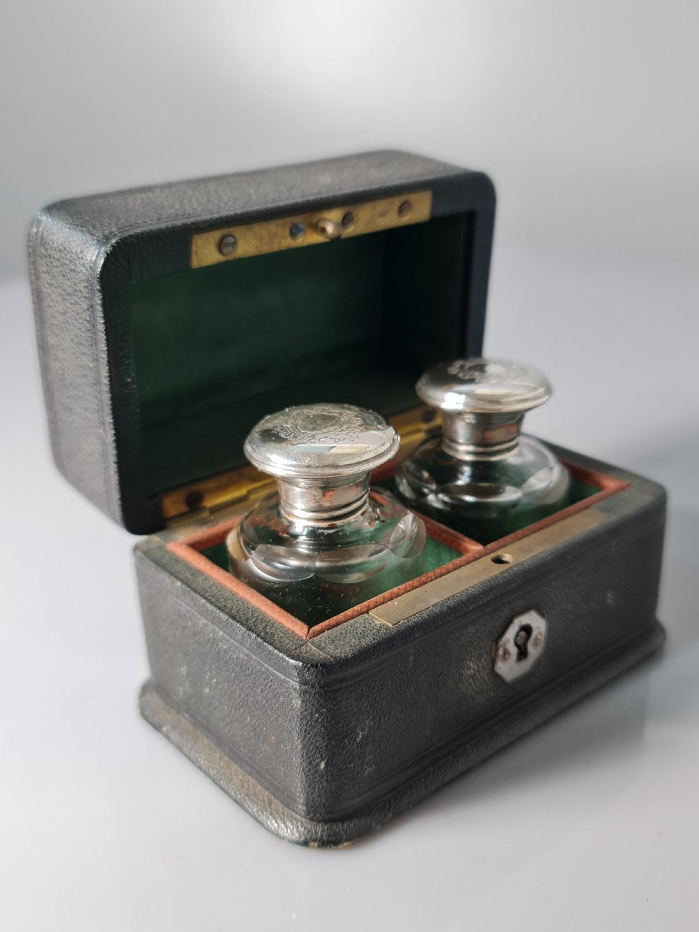 Victorian Cut Glass & Silver Plate Pr Leather Cased Scents c1880 View IV