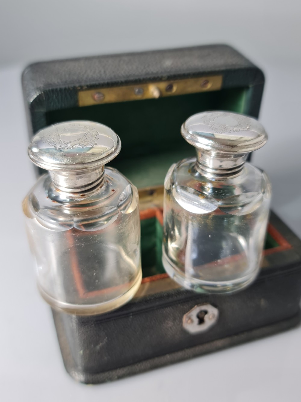 Victorian Cut Glass & Silver Plate Pr Leather Cased Scents c1880 View V