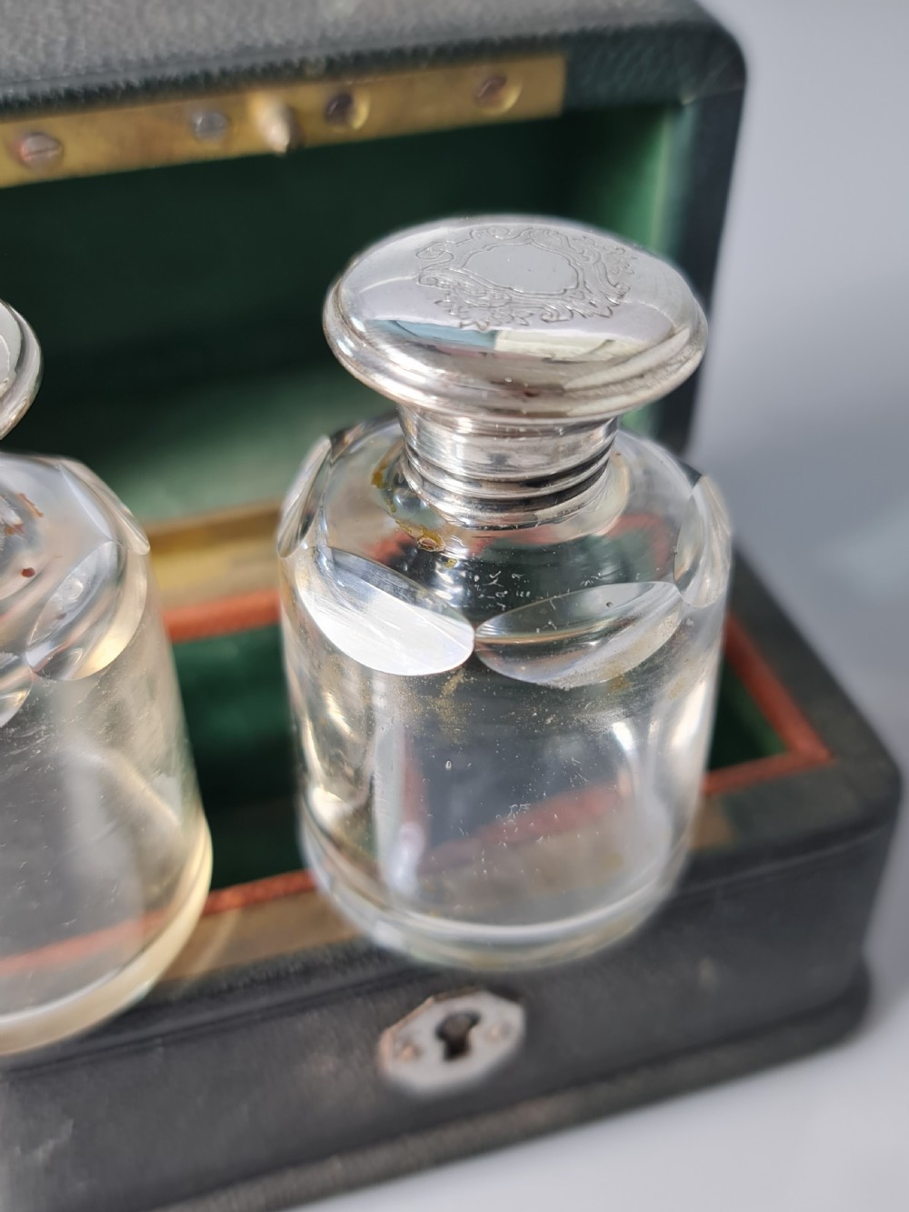 Victorian Cut Glass & Silver Plate Pr Leather Cased Scents c1880 View VI