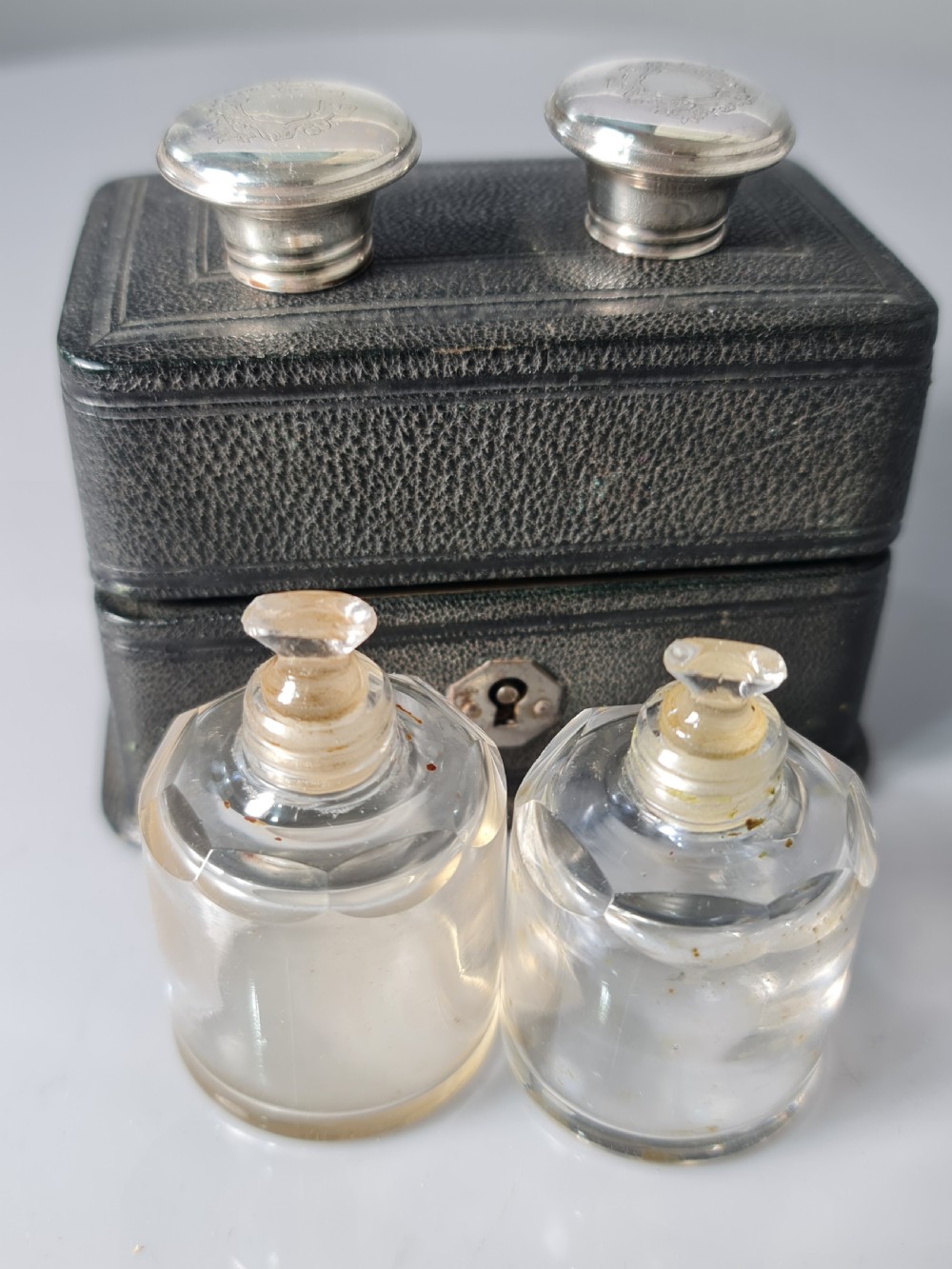 Victorian Cut Glass & Silver Plate Pr Leather Cased Scents c1880 View VII