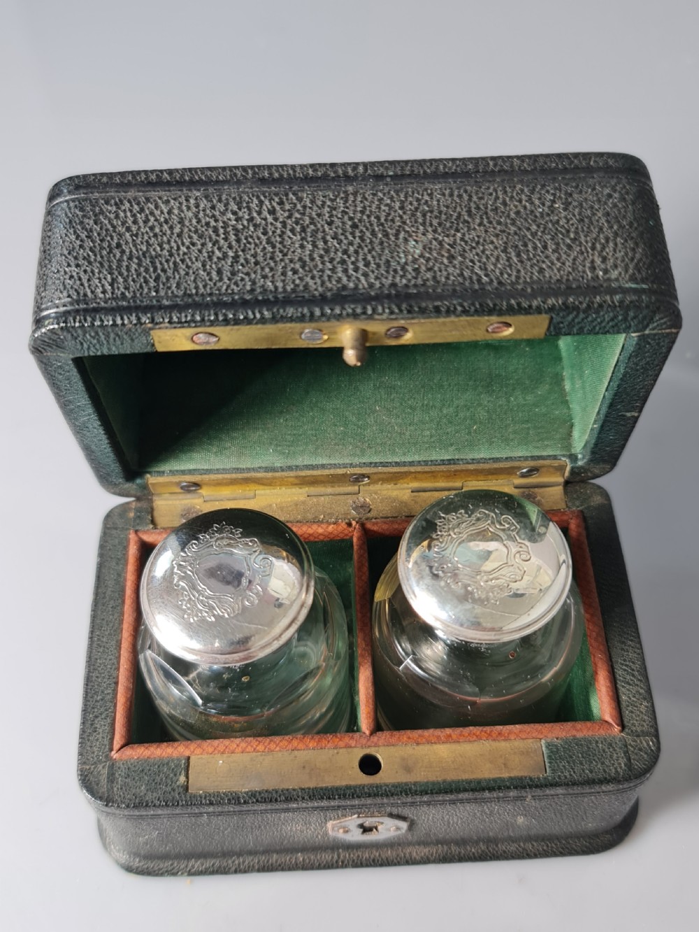 Victorian Cut Glass & Silver Plate Pr Leather Cased Scents c1880 View IX