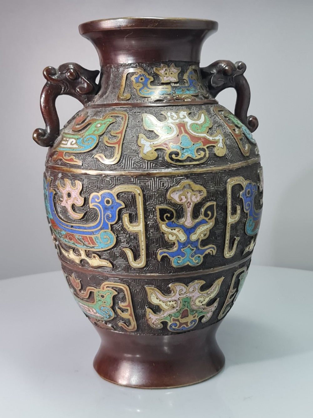 Fabulous Large Late 19thc Twin Handled Bronze Cloisonne Vase View III
