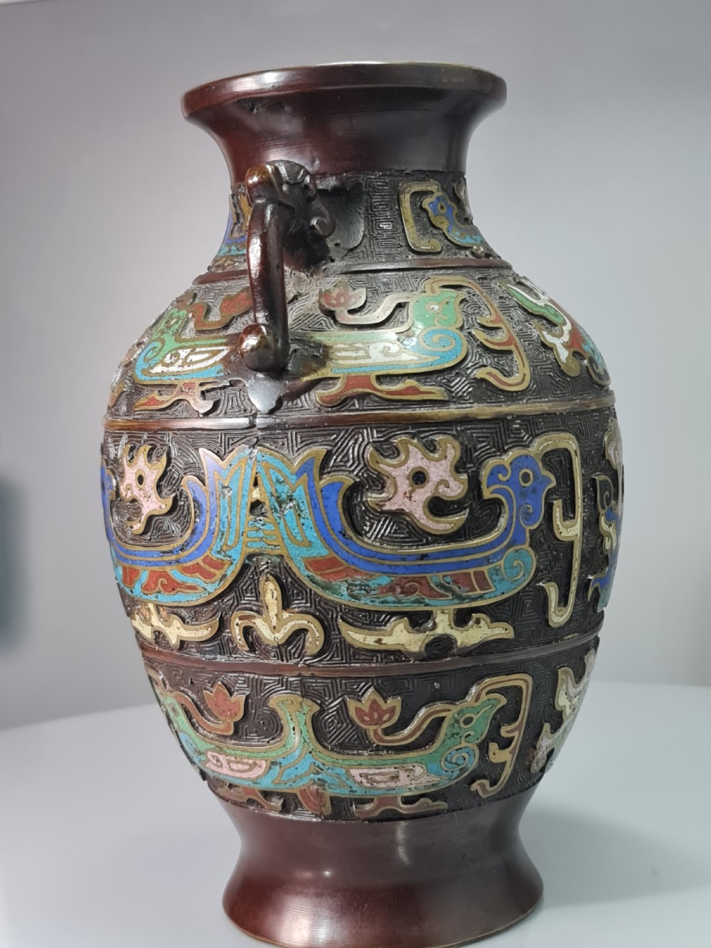Fabulous Large Late 19thc Twin Handled Bronze Cloisonne Vase View V