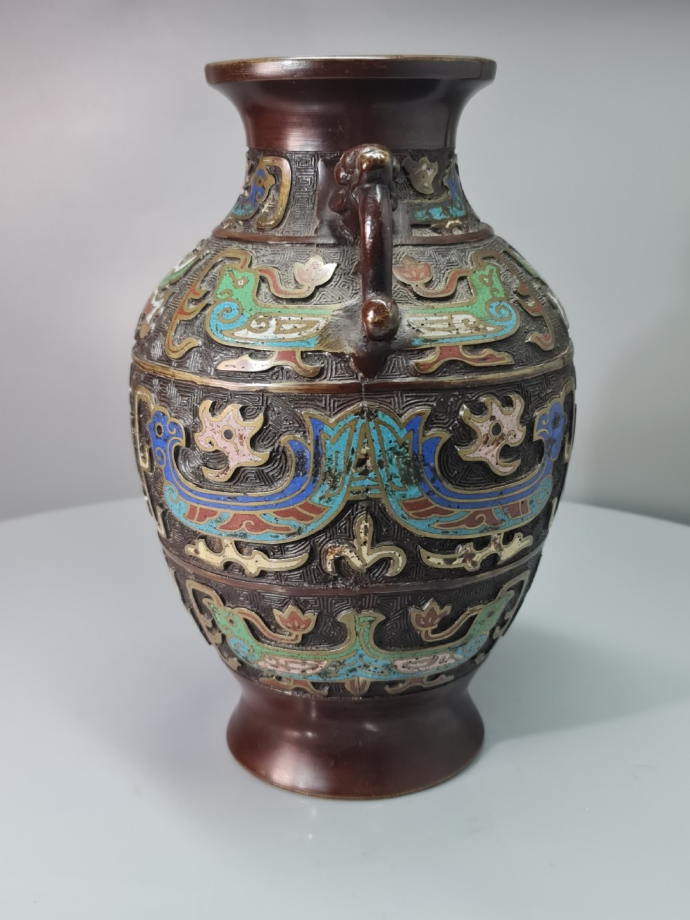 Fabulous Large Late 19thc Twin Handled Bronze Cloisonne Vase View VI