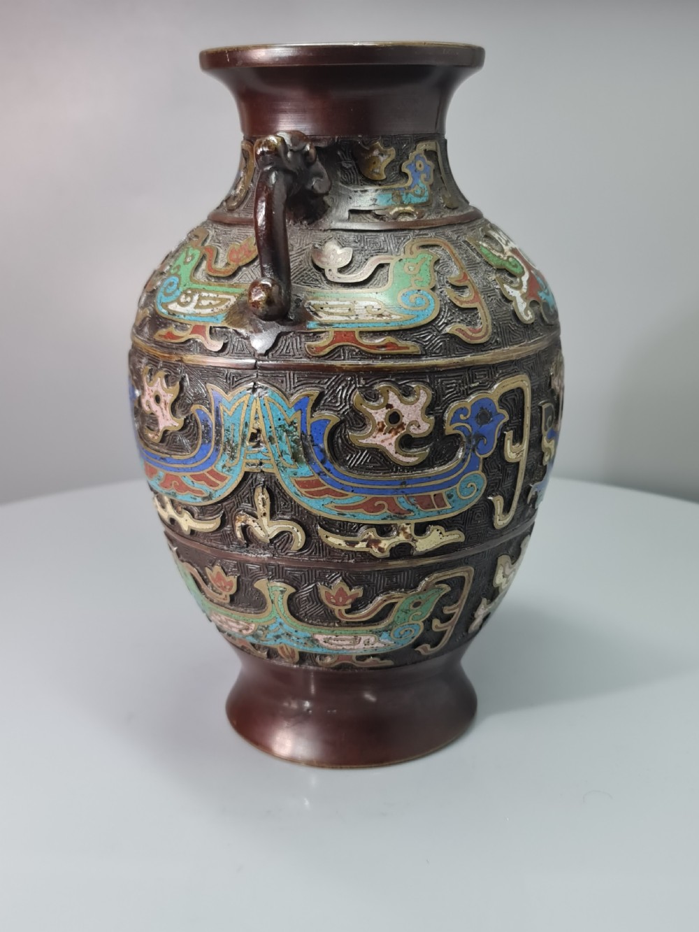 Fabulous Large Late 19thc Twin Handled Bronze Cloisonne Vase View VII