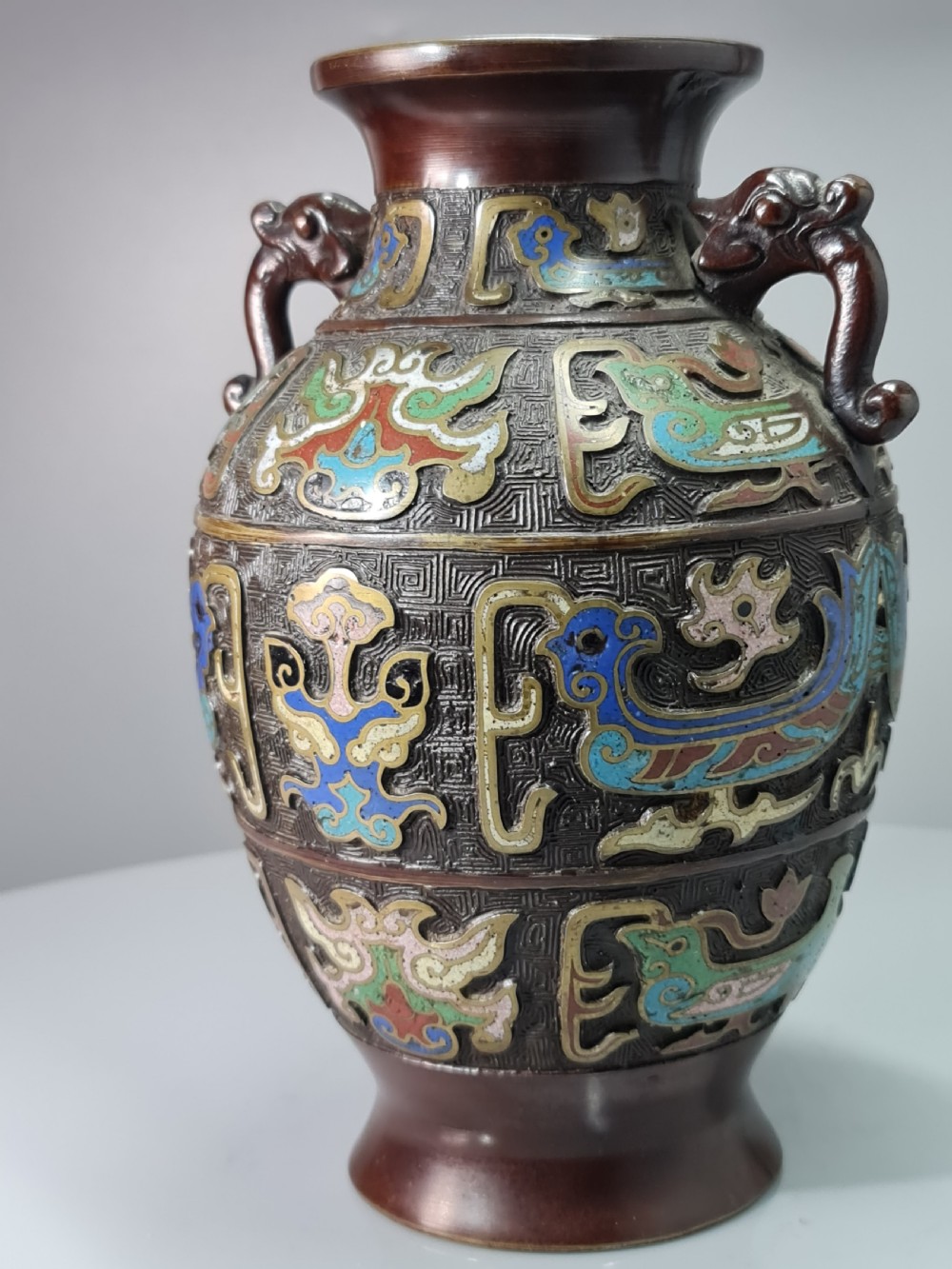 Fabulous Large Late 19thc Twin Handled Bronze Cloisonne Vase View IX