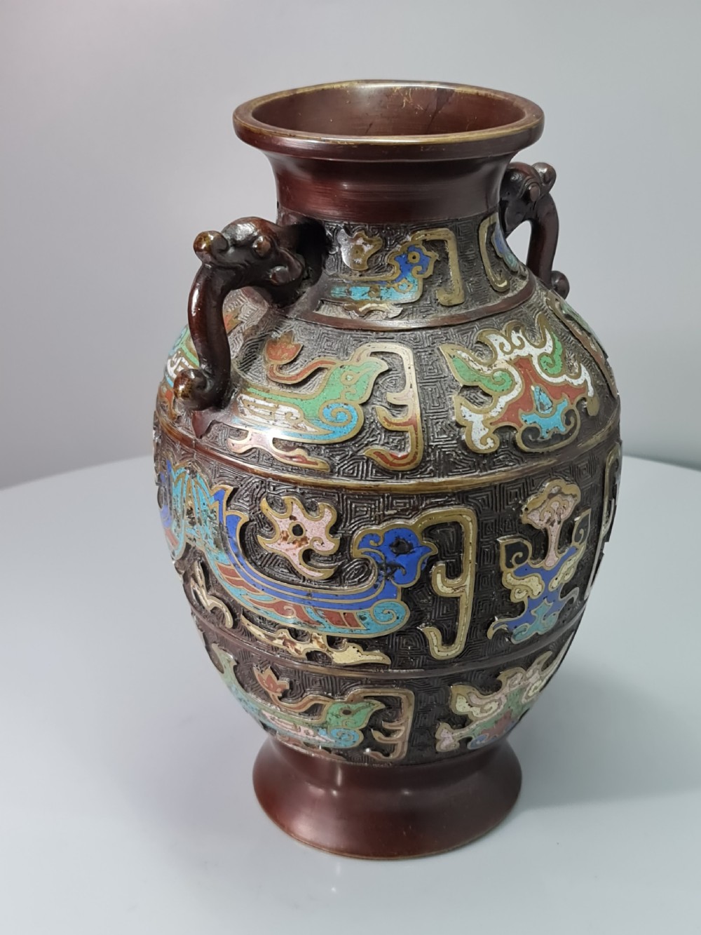 Fabulous Large Late 19thc Twin Handled Bronze Cloisonne Vase View X