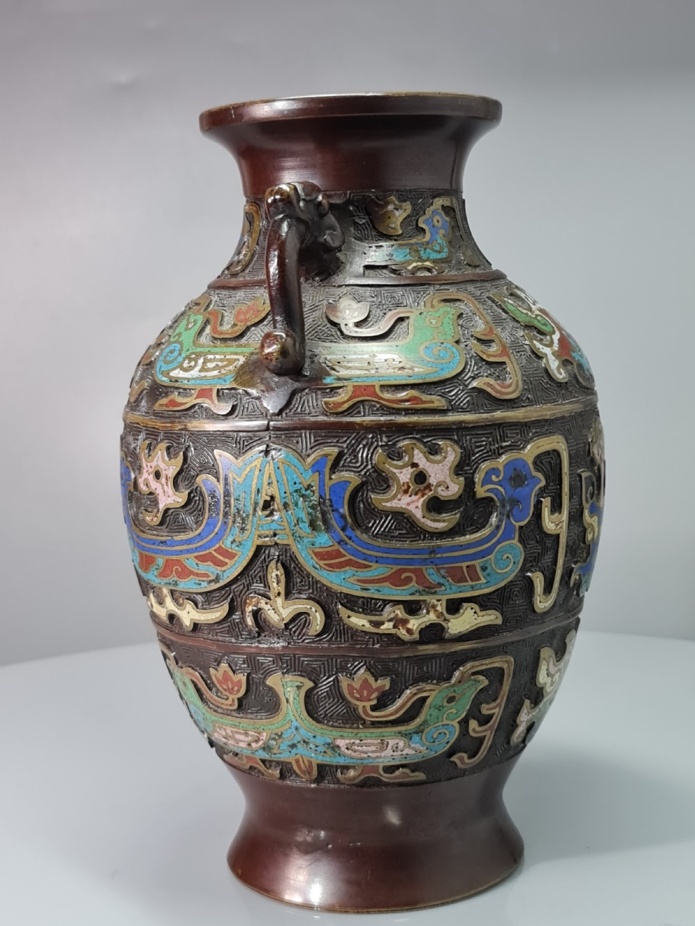 Fabulous Large Late 19thc Twin Handled Bronze Cloisonne Vase View XI