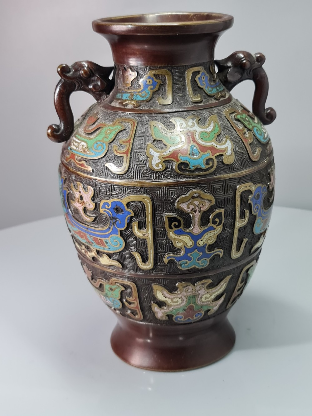 Fabulous Large Late 19thc Twin Handled Bronze Cloisonne Vase View XII
