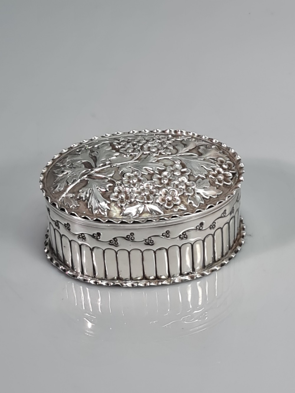 Fine Victorian HM Silver Embossed Oval Box & Cover Birm 1887