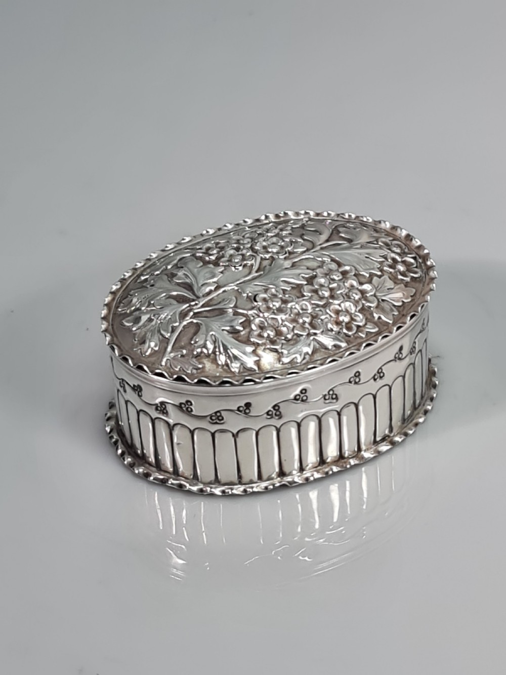 Fine Victorian HM Silver Embossed Oval Box & Cover Birm 1887 View IV