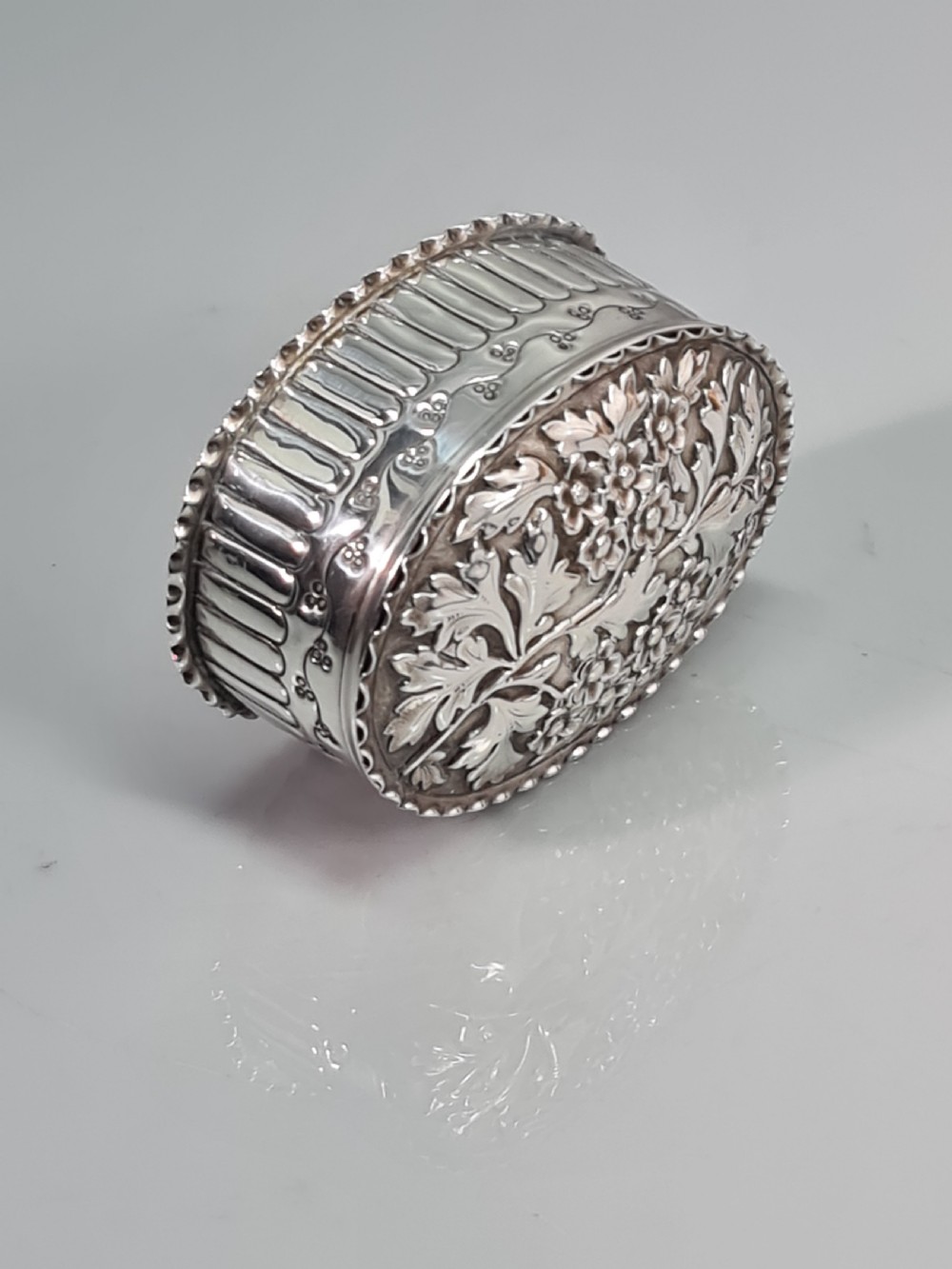 Fine Victorian HM Silver Embossed Oval Box & Cover Birm 1887 View VII