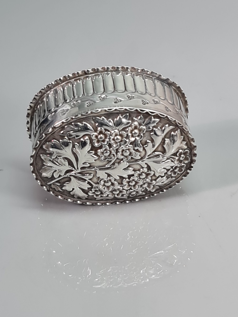 Fine Victorian HM Silver Embossed Oval Box & Cover Birm 1887 View VIII