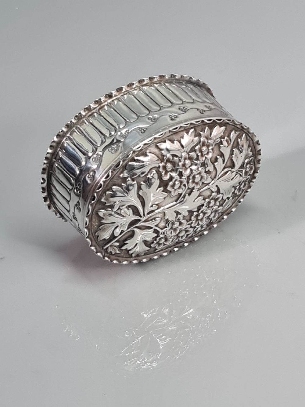Fine Victorian HM Silver Embossed Oval Box & Cover Birm 1887 View XIV