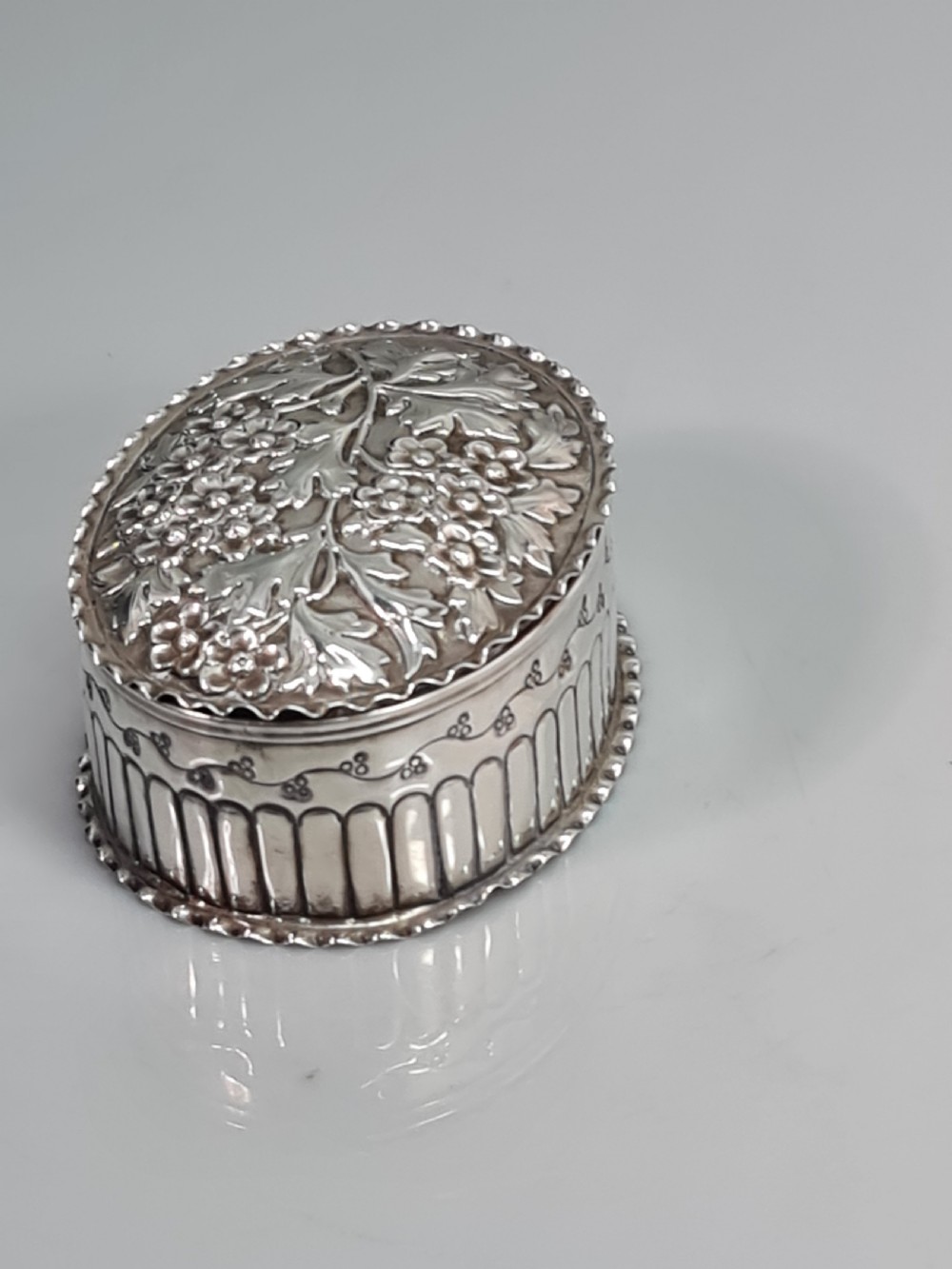 Fine Victorian HM Silver Embossed Oval Box & Cover Birm 1887 View XVI