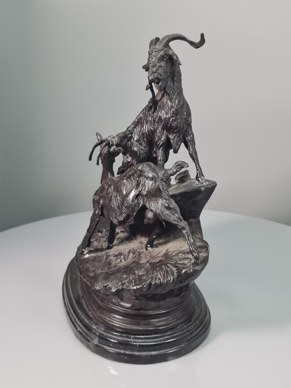 Early 20thc Cast Bronze Figural Group of Two Goats on Marble Plinth 29cm