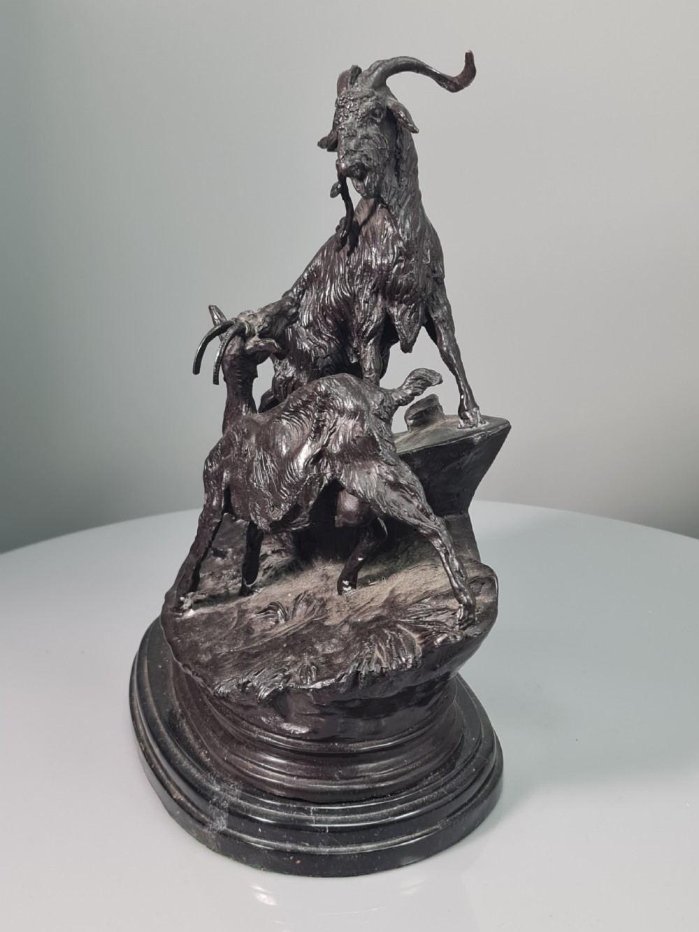 Early 20thc Cast Bronze Figural Group of Two Goats on Marble Plinth 29cm View II