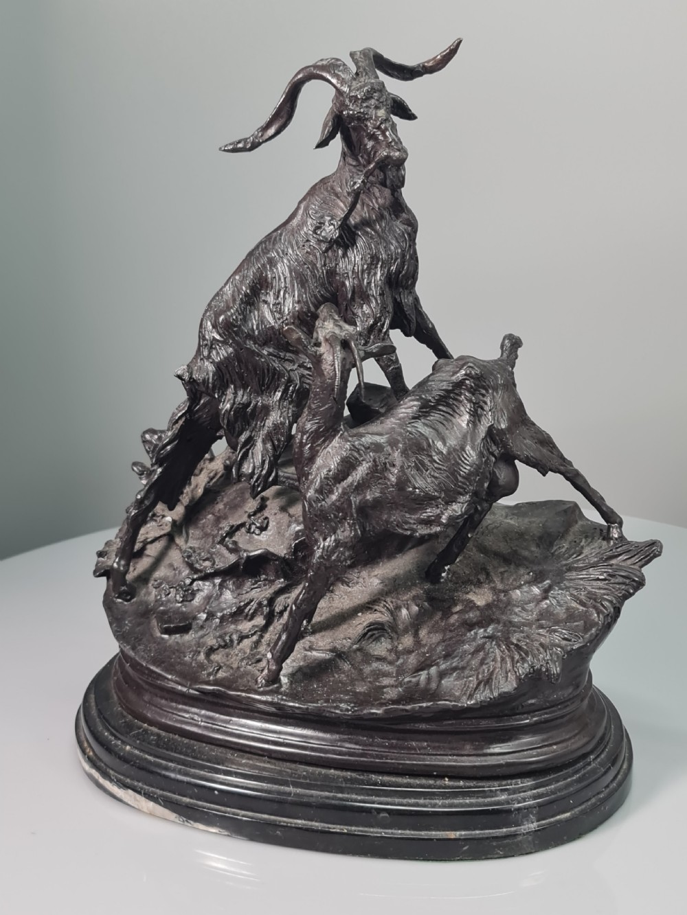 Early 20thc Cast Bronze Figural Group of Two Goats on Marble Plinth 29cm View III