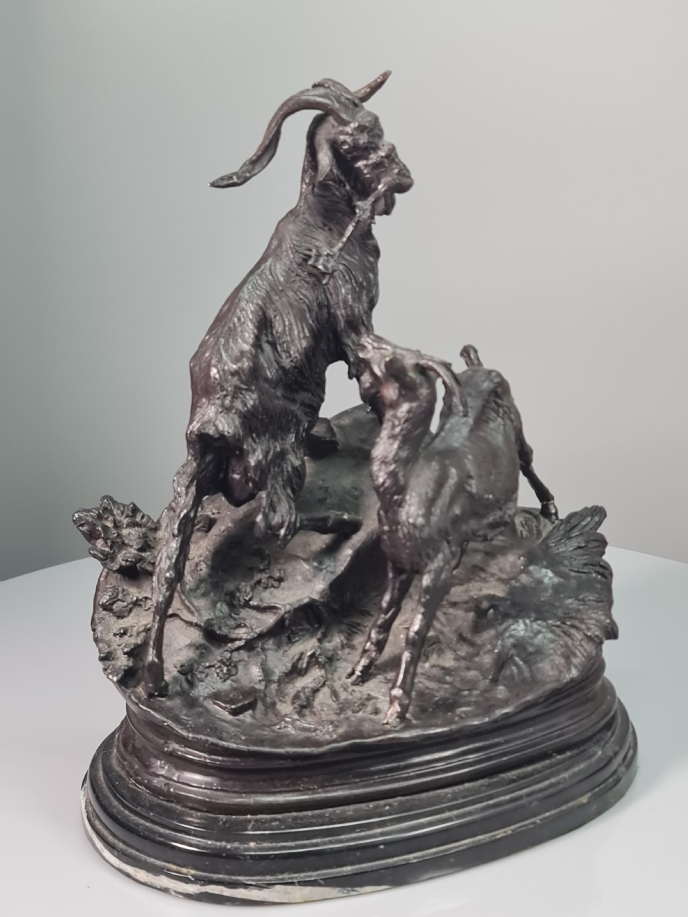 Early 20thc Cast Bronze Figural Group of Two Goats on Marble Plinth 29cm View IV