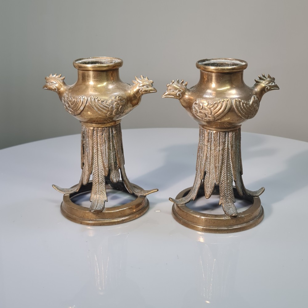 Unusual Early 19thc Bronze Candlesticks with Bird Head Terminals 