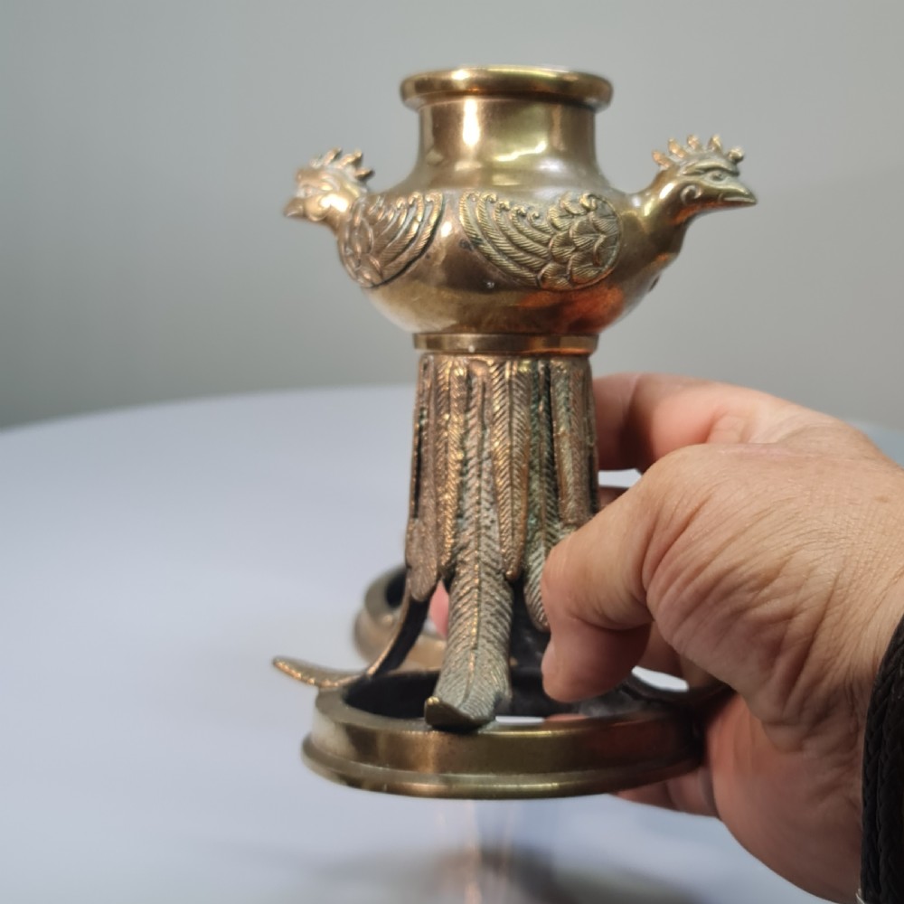 Unusual Early 19thc Bronze Candlesticks with Bird Head Terminals  View II