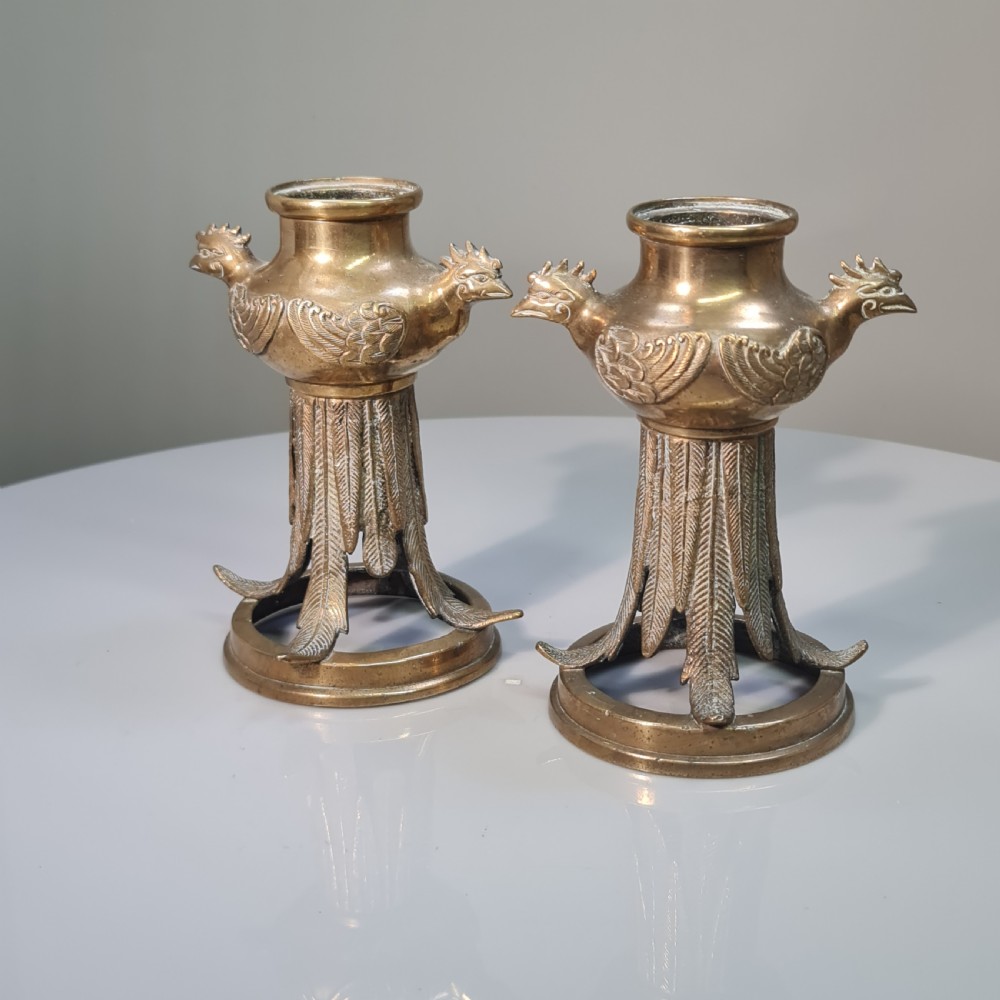 Unusual Early 19thc Bronze Candlesticks with Bird Head Terminals  View III