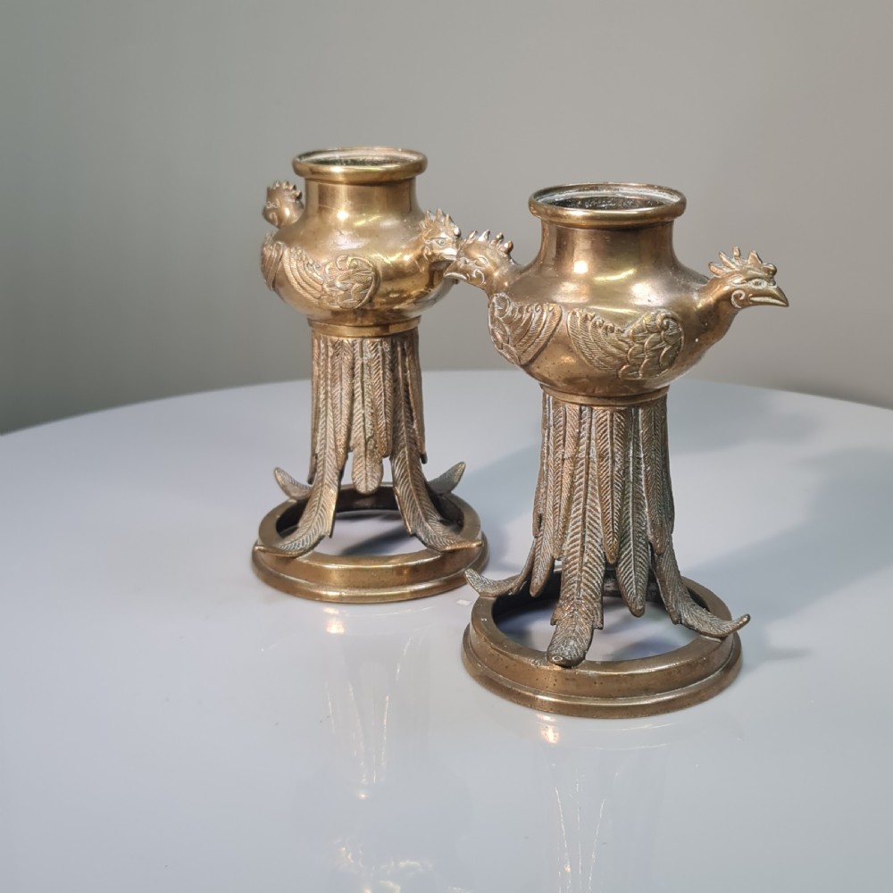 Unusual Early 19thc Bronze Candlesticks with Bird Head Terminals  View IV