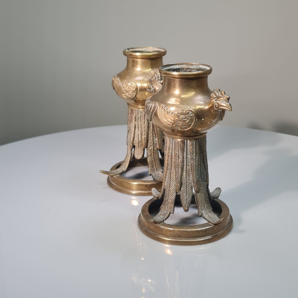 Unusual Early 19thc Bronze Candlesticks with Bird Head Terminals  View V