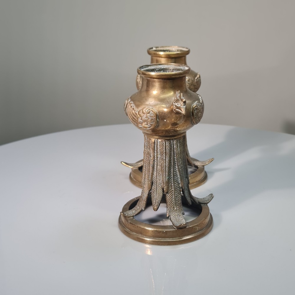 Unusual Early 19thc Bronze Candlesticks with Bird Head Terminals  View VI