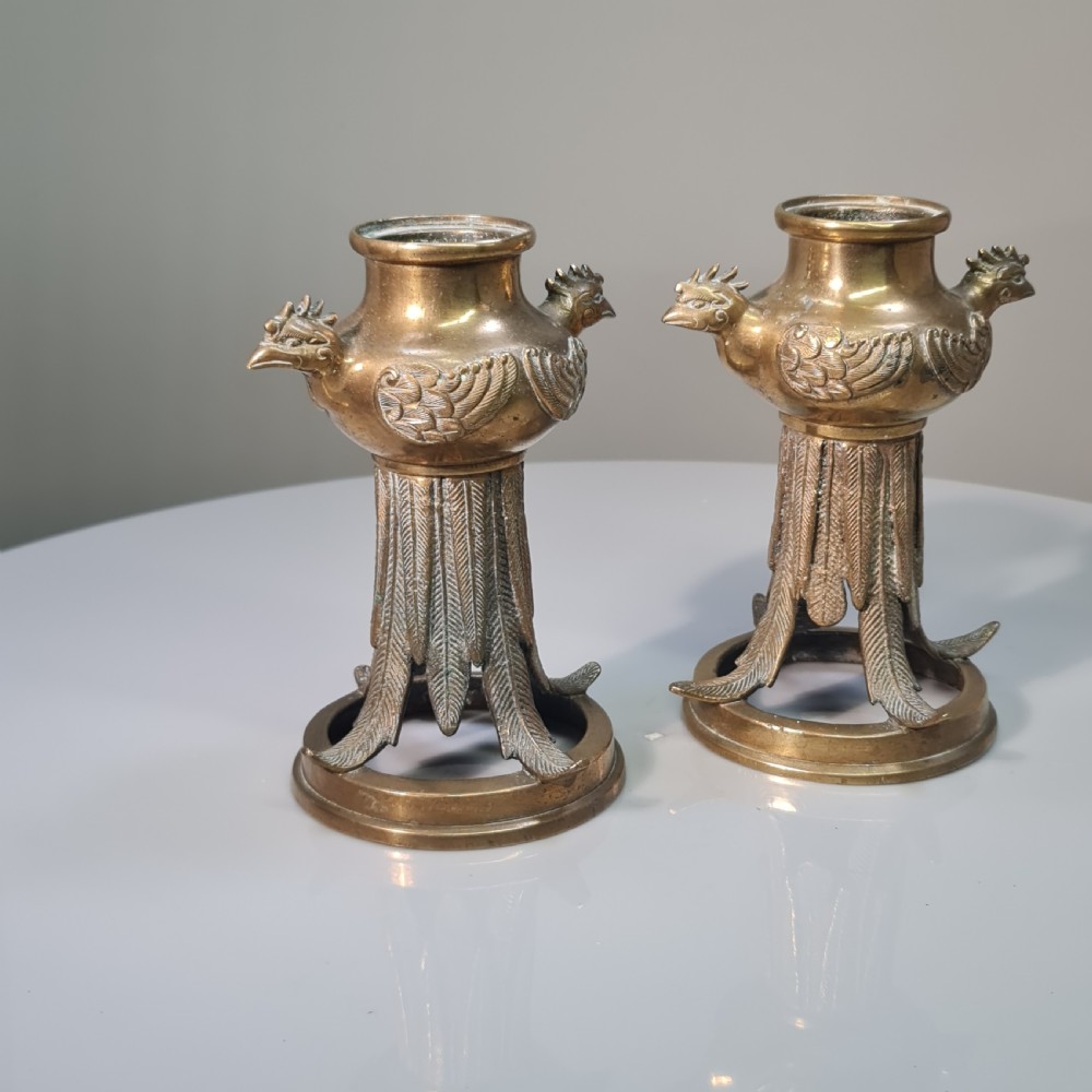 Unusual Early 19thc Bronze Candlesticks with Bird Head Terminals  View VII