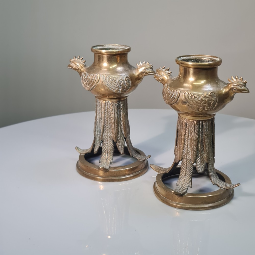 Unusual Early 19thc Bronze Candlesticks with Bird Head Terminals  View VIII